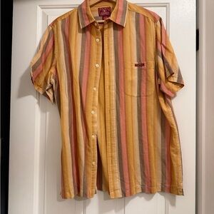 Lucky Brand Men's LinenShort Sleeve Button-Up Shirt - Yellow, Red, Brown Stripes